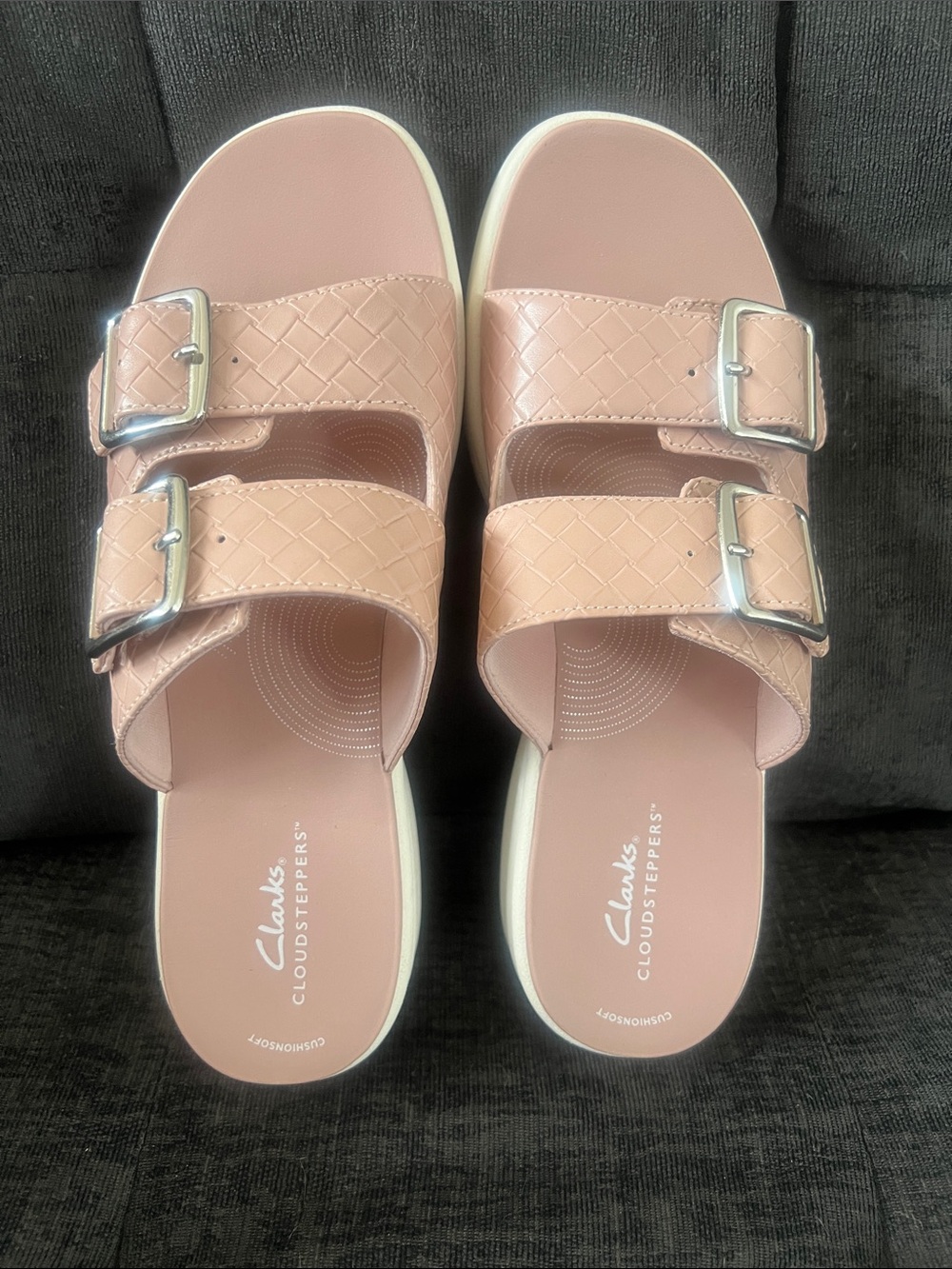 Clarks Pink Double-Buckle Woven Slide Sandals